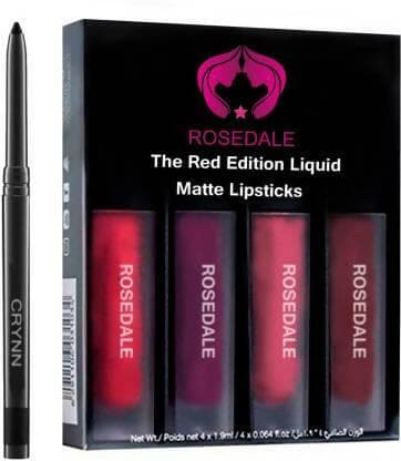 Crynn Smudge Proof HDA64 Makeup Beauty Kajal & Rosedale The Red Edition Liquid Matte Catsuit Lipstick (PACK of 5) - HalfPe