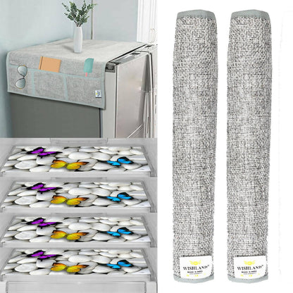 WISHLAND Single Door Fridge Cover Combo Set pf 1 Fridge Top Cover + 2 Fridge Handle Cover + 4 Multipurpose Fridge Mats (Grey) - HalfPe