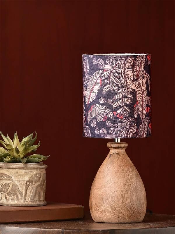 Wooden Dome Table Lamp With Blue Leaves Shade - HalfPe