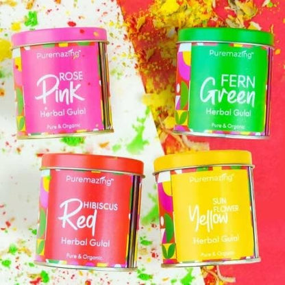 Puremazing Herbal Gulal Holi Colour with Natural Food Ingredients and Flower Petals | Pack of 4 Colours - Pink, Red, Yellow, Green Herbal Colour (80gm x 4) | Non Toxic Colors | Skin Friendly | Washable and Easy to Remove | Gulaal for Holi - HalfPe