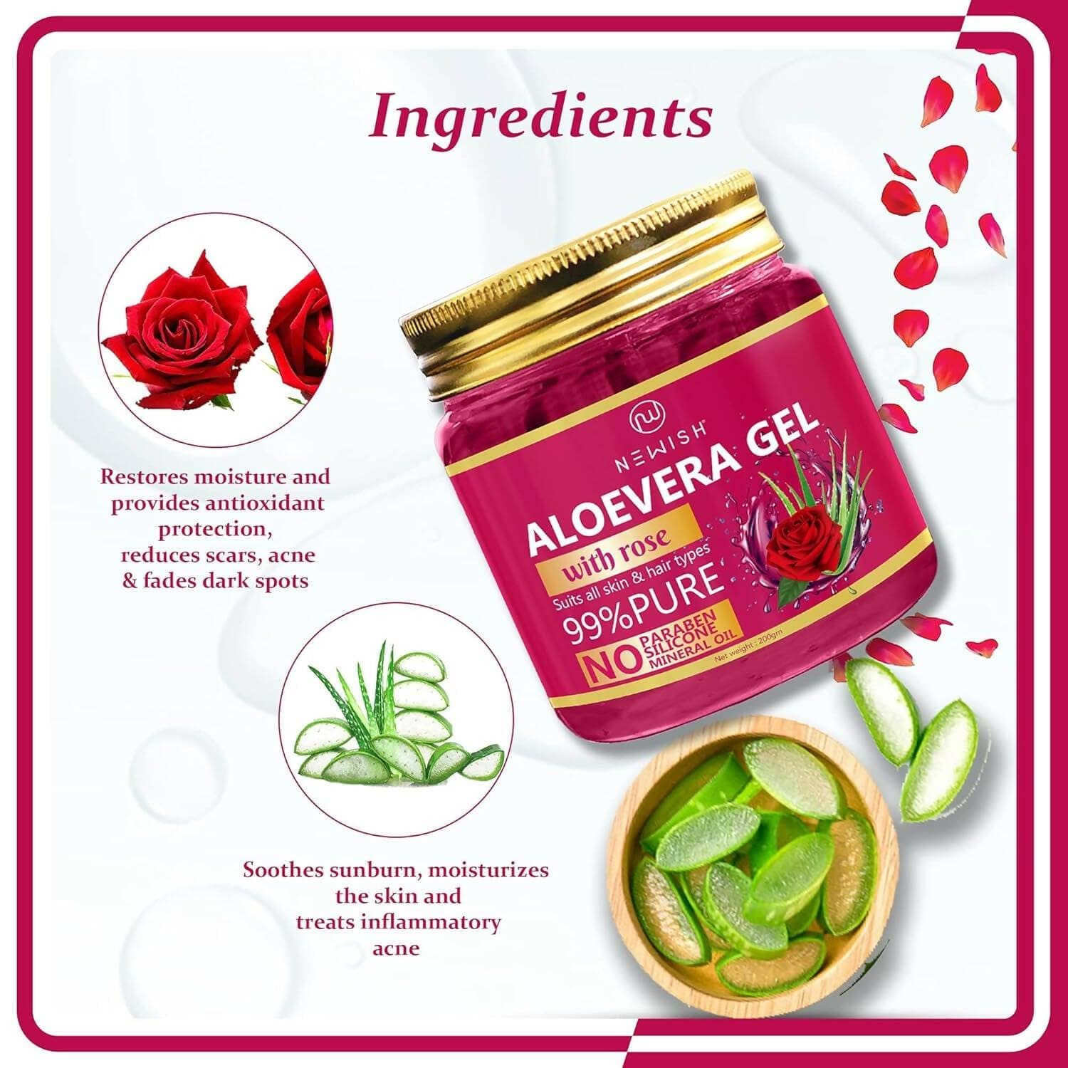 NEWISH Aloe Vera Gel With Pure Natural Rose Fragrance For Hair And Face (200GM) - HalfPe