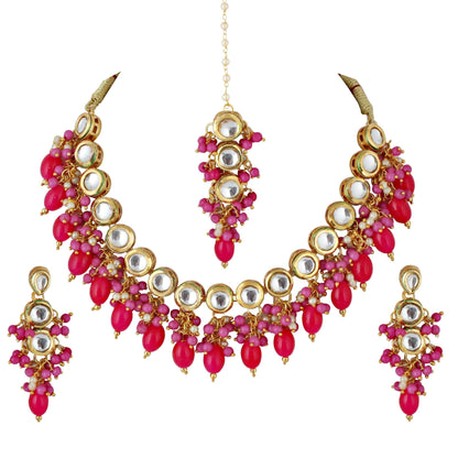 LUCKY JEWELLERY Back Meenakari 18k Gold Plated Magenta Color Tika Earring Combo Uncut Big Faux Kundan Choker Necklace set - HalfPe