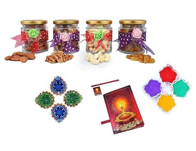 MANTOUSS Exclusive Diwali Dry Fruit Decorative Glass Jar-Cashew,Almond,Walnut and Raisin (100gms Each),400 GMS + 2 earthern Diya, Diwali Greeting Card and Rangoli Colours - HalfPe