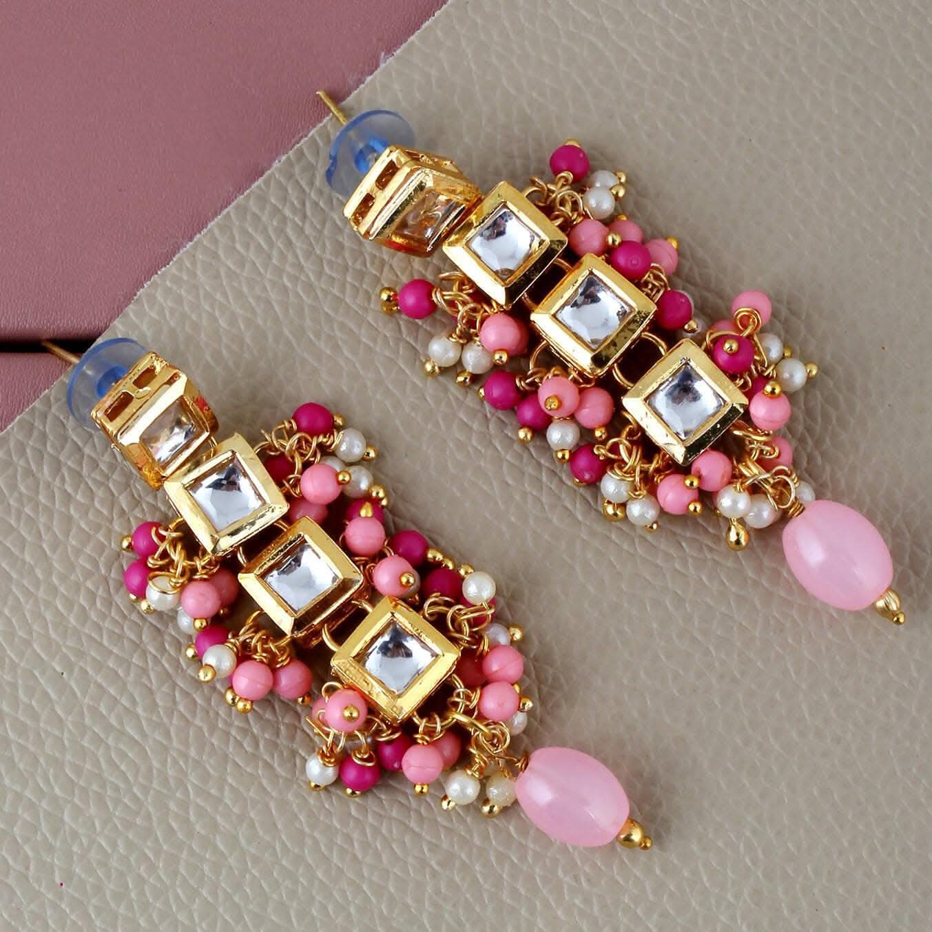 LUCKY JEWELLERY Back Meenakari 18k Gold Plated Multi Color Tika Earring Combo Uncut Big Faux Kundan Choker Necklace set (660-J5SK-1664-PKR) - HalfPe