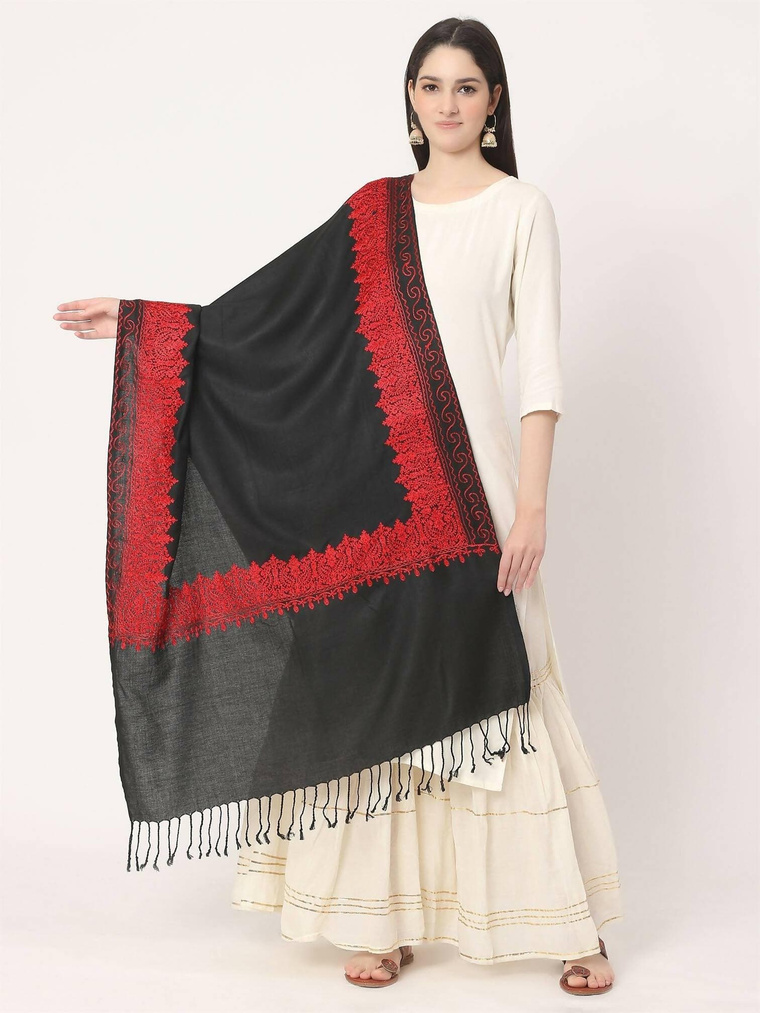 Back Red Embroidered Kashmiri Shawl for women - HalfPe