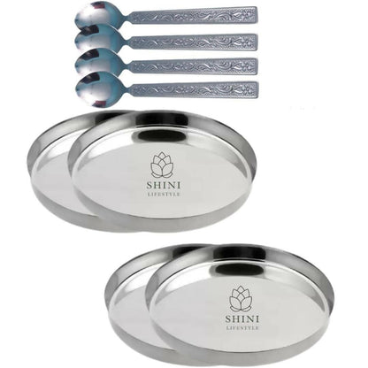 SHINI LIFESTYLE Stainless Steel Lunch Plates with Table Spoon Set (8) - HalfPe