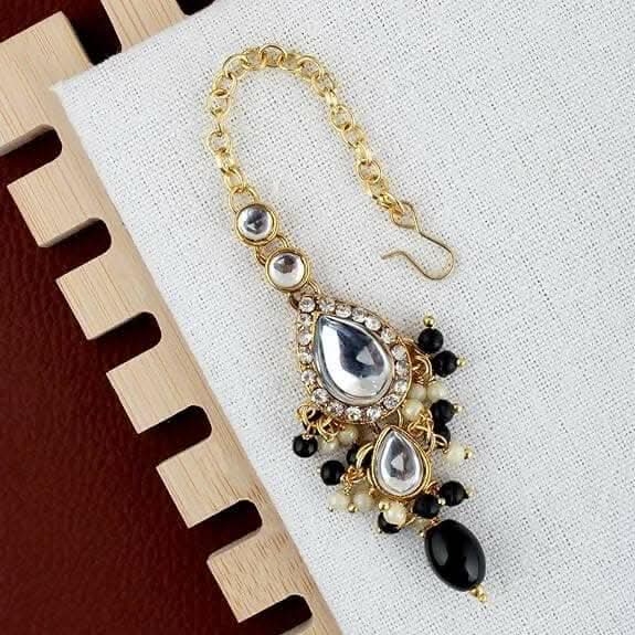 LUCKY JEWELLERY Gold Plated White Black Color Tika Earring Necklace Combo Kundan Jewellery Set - HalfPe