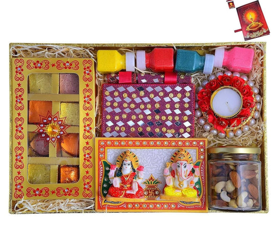 MANTOUSS Dry Fruits Diwali Pack/Diwali Dry Fruits Combo-1 Jar of Mix Dry Fruits+Chocolate Box+laxmi Ganesh chowki+Hand Decorated Diary Pen+Designer Flower tealight+Rangoli Colours+deepawali Card - HalfPe