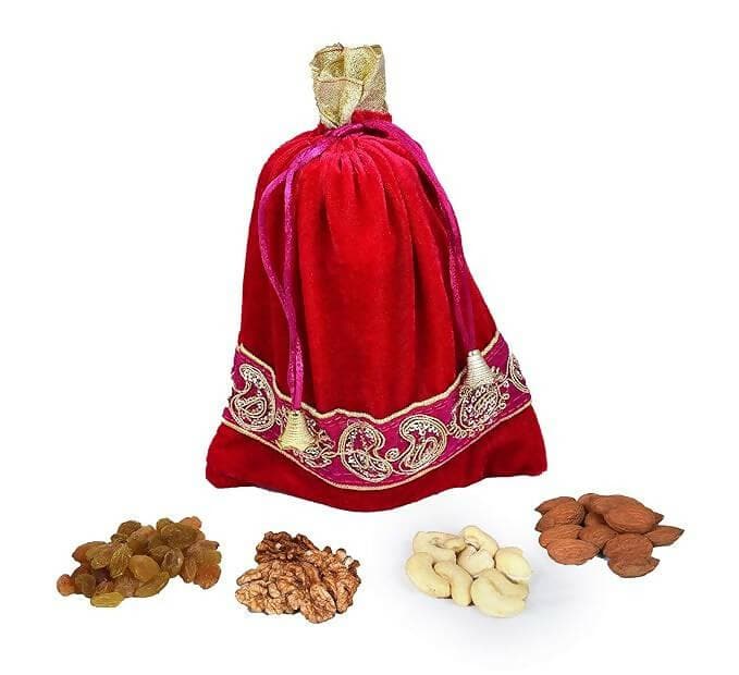 MANTOUSS Premium Diwali Dry Fruit Potli-Cashew,Almond,Walnut and Raisin (100gms Each),400 GMS + 2 Floating Diya, Diwali Greeting Card and Rangoli Colours - HalfPe