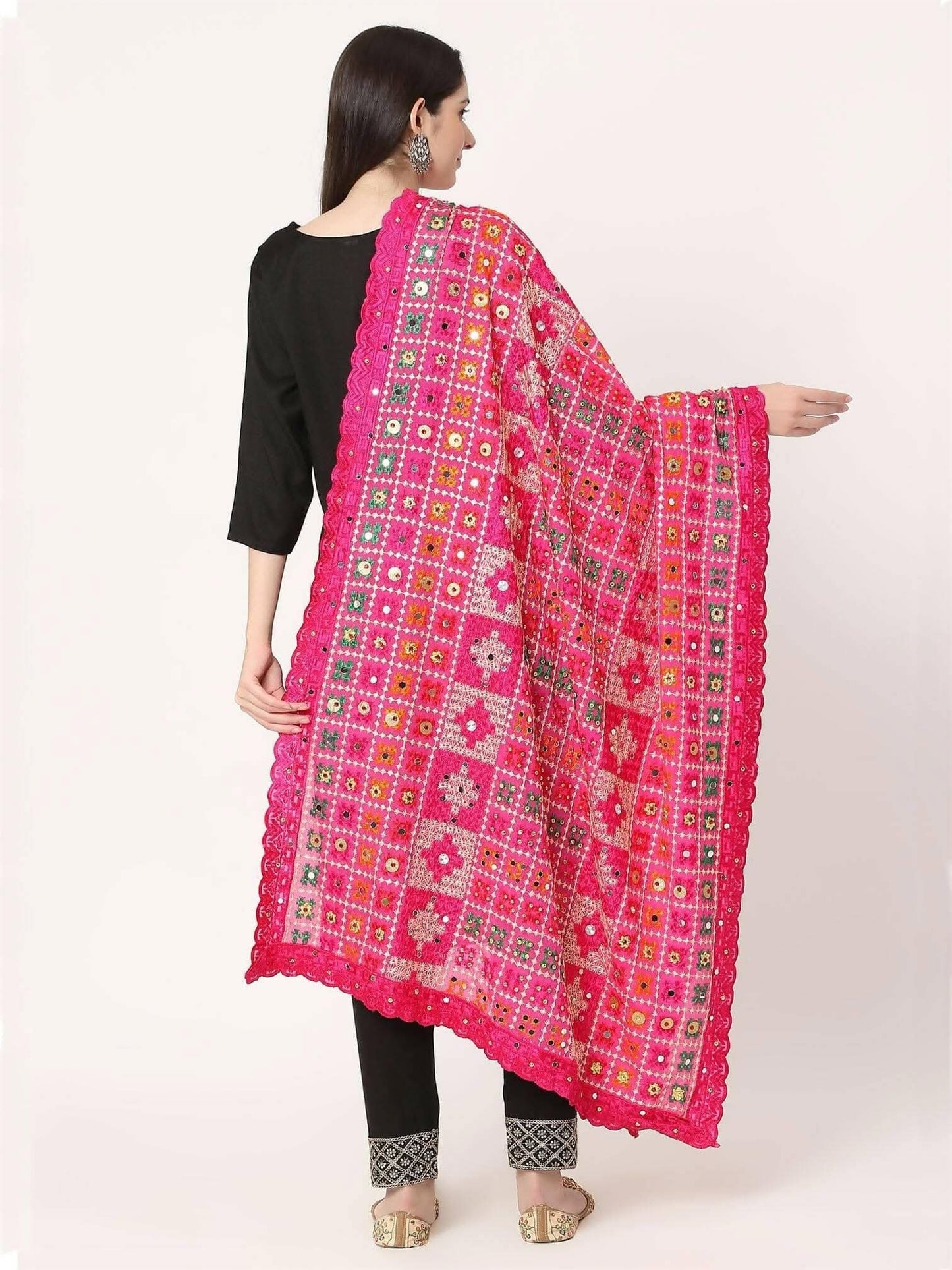 Magenta Mullticolour Check Design Embroidery Phulkari Dupatta with Mirror - HalfPe