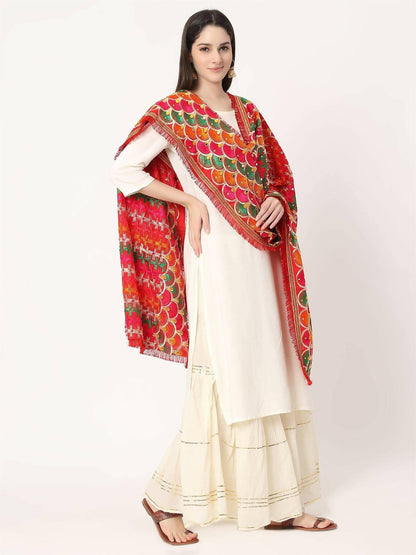 Red Multicolour Embroidery Phulkari Dupatta with Mirror - HalfPe