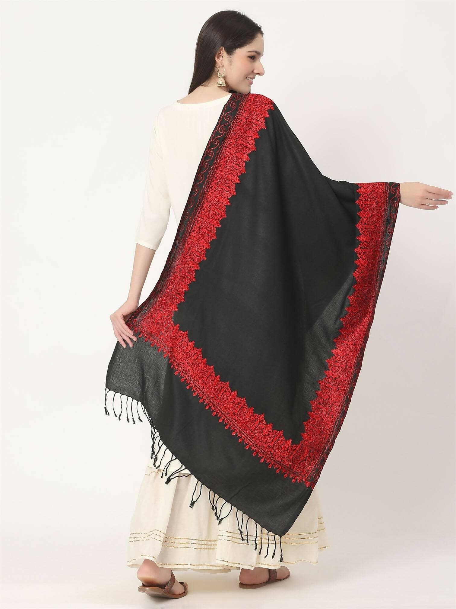 Back Red Embroidered Kashmiri Shawl for women - HalfPe