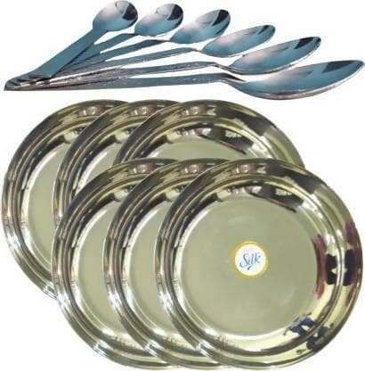 SHINI LIFESTYLE Stainless Steel Dessert Plate Set With Spoon Set (Pack of 12) - HalfPe