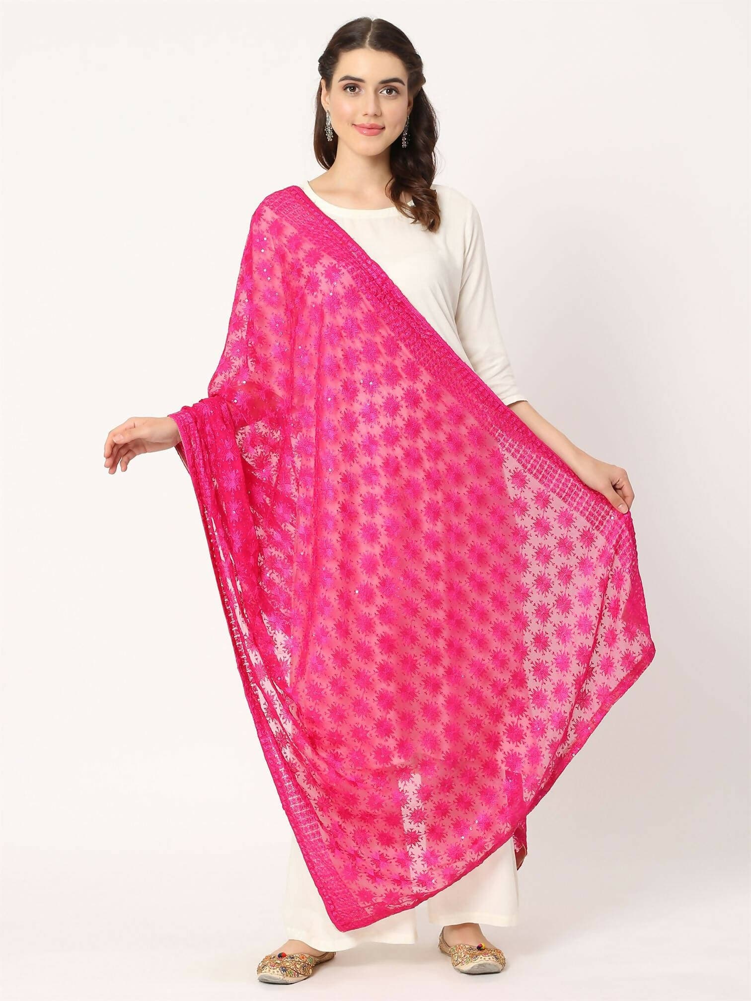 Magenta Pink Sequined Phulkari Embroidery Dupatta - HalfPe