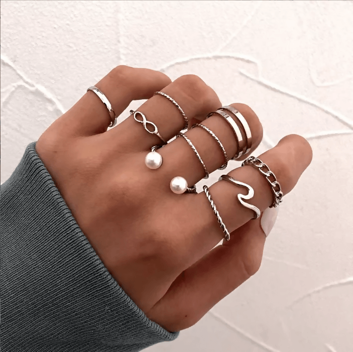 Pinapes Fashion Non Precious Base Metal Boho Midi Finger Ring for Girls – Set of 10 - HalfPe