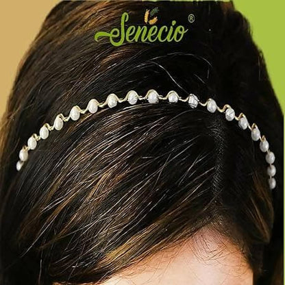 SENECIO Golden Ivory White Pearl Beaded Pearl Magic Hair Band Stylish Moti Unisex Zigzag Headband - HalfPe