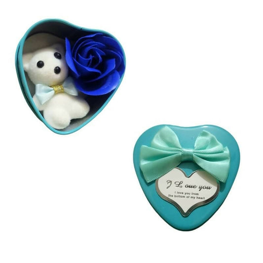 Gift Box for Valentine's Day or Anniversary with Small Teddy and Rose Turquoise color( Size 7 CM) - HalfPe