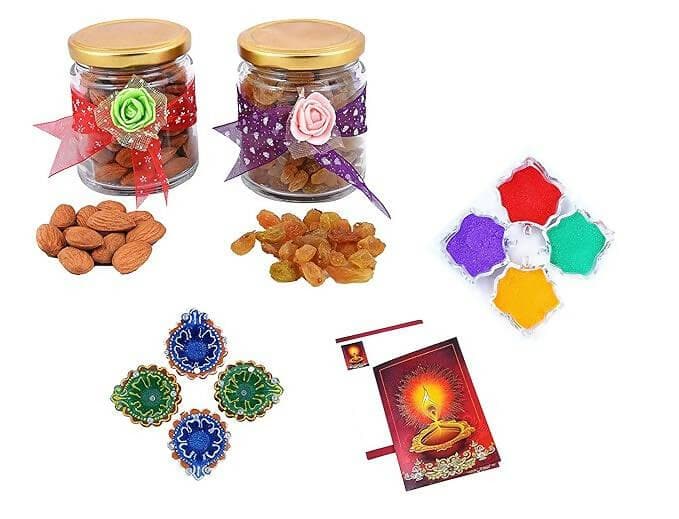 MANTOUSS Diwali Dry Fruit Decorative Glass Jar-Almond and Raisin(100gms Each),200 GMS + 2 earthern Diya, Diwali Greeting Card and Rangoli Colours - HalfPe