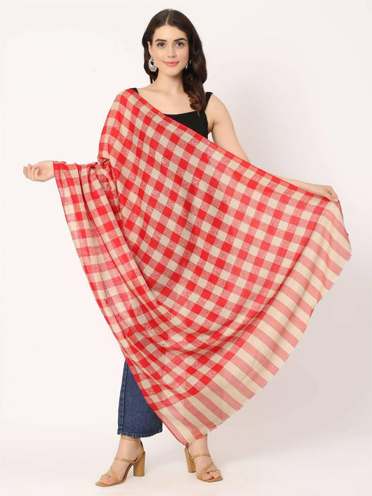 Red Check Pattern Light Weight Pure Wool Shawl for women ( 40 x 80 Inches ) - HalfPe