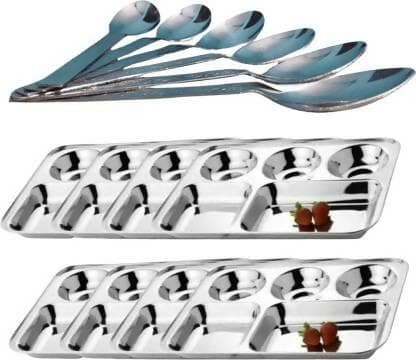 SHINI LIFESTYLE Steel Bhojan Thal 5 column,Super Premium Quality Dinner Plate 8pc with SpoonSet Dinner Plate (Pack of 8) - HalfPe