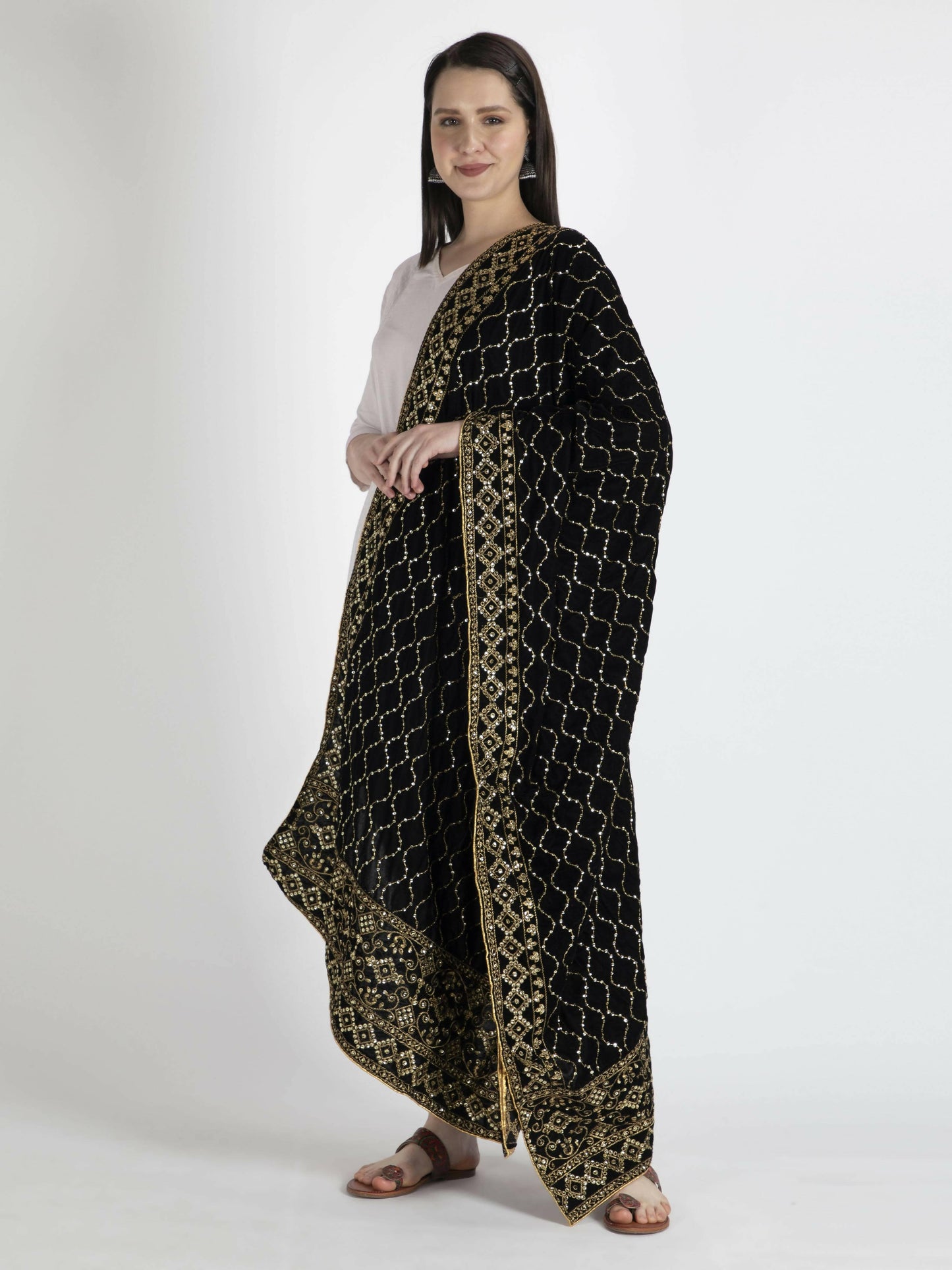 Black Embroidered Shawl Dupatta For Women - HalfPe