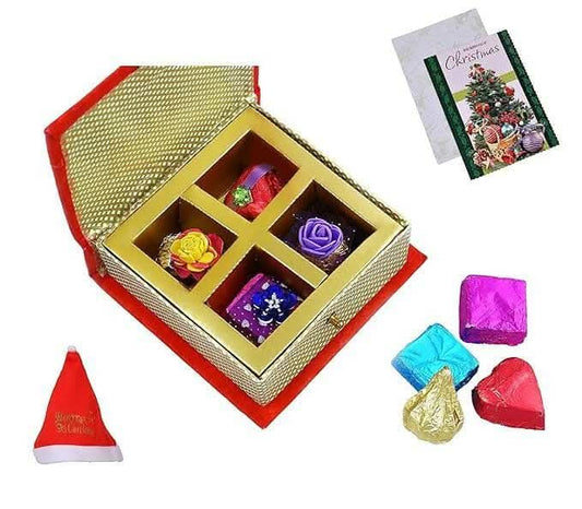 MANTOUSS Christmas Gift-Red Designer Christmas Chocolate Box/Hamper+ Merry Cristmas Greeting Card+Santa Cap - HalfPe