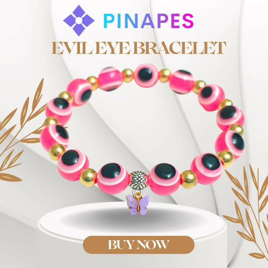 Pinapes Butterfly Beads and Evil Eye Charm Bracelet A Must-Have for Fashionable and Superstitious Women with violet butterfly(pink) - HalfPe