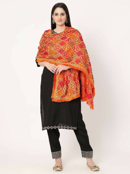 Black Multicolour Embroidery Phulkari Dupatta with Mirror Work - HalfPe