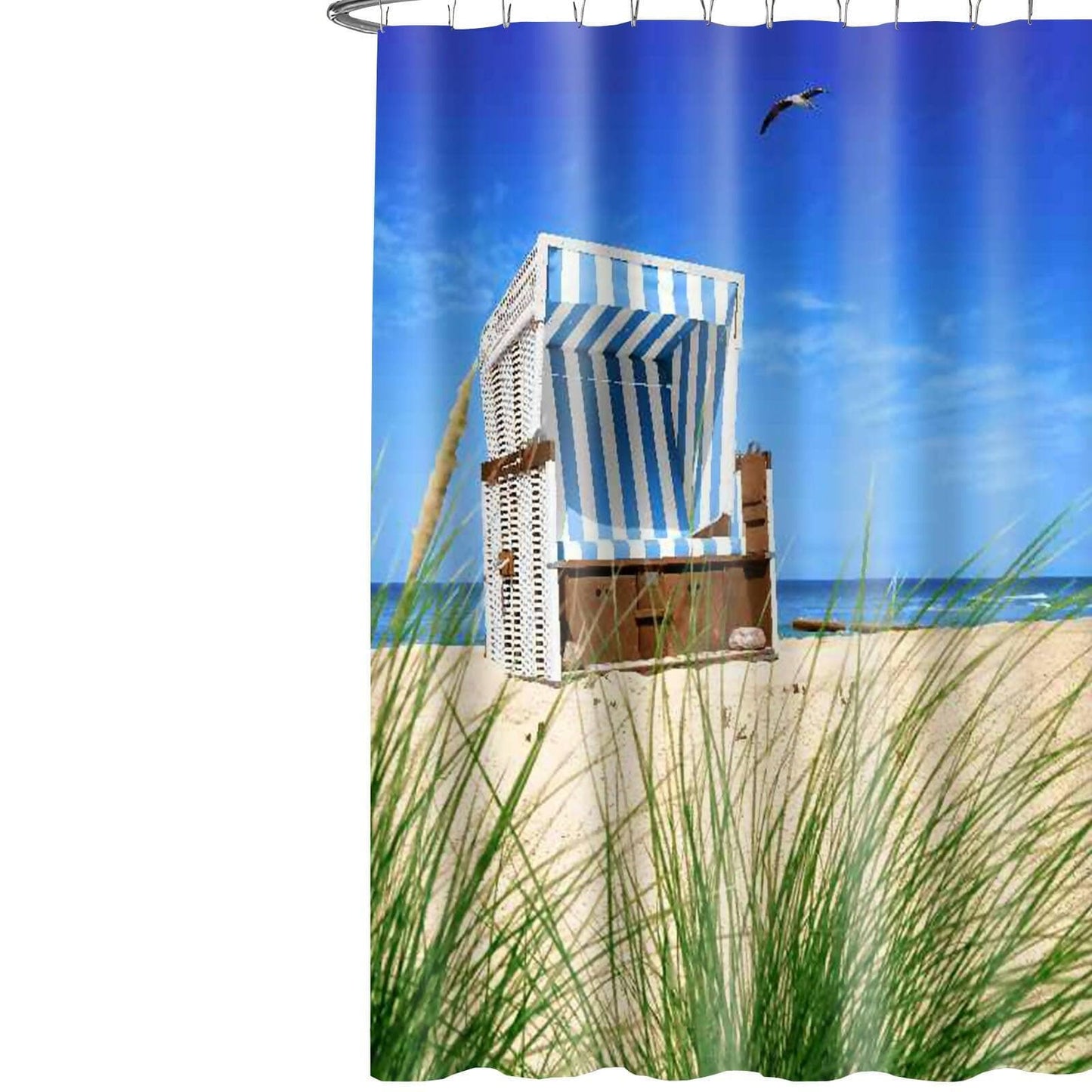 Lushomes shower curtain, Beach Chair Printed, Polyester waterproof 6x6.5 ft with hooks, non-PVC, Non-Plastic, For Washroom, Balcony for Rain, 12 eyelet & 12 Hooks (6 ft W x 6.5 Ft H, Pk of 1) - HalfPe