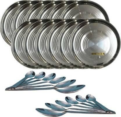 SHINI LIFESTYLE Steel Plate / khumcha thali/ dinner plates 12pcs with spoons 12pcs (set of 24) - HalfPe