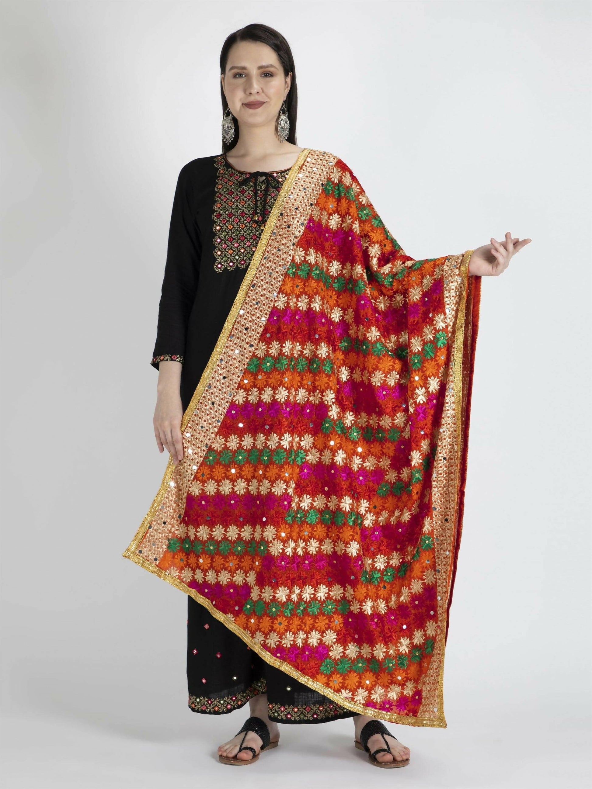 Phulkari with gold Lace and mirror work (multi-color) - HalfPe