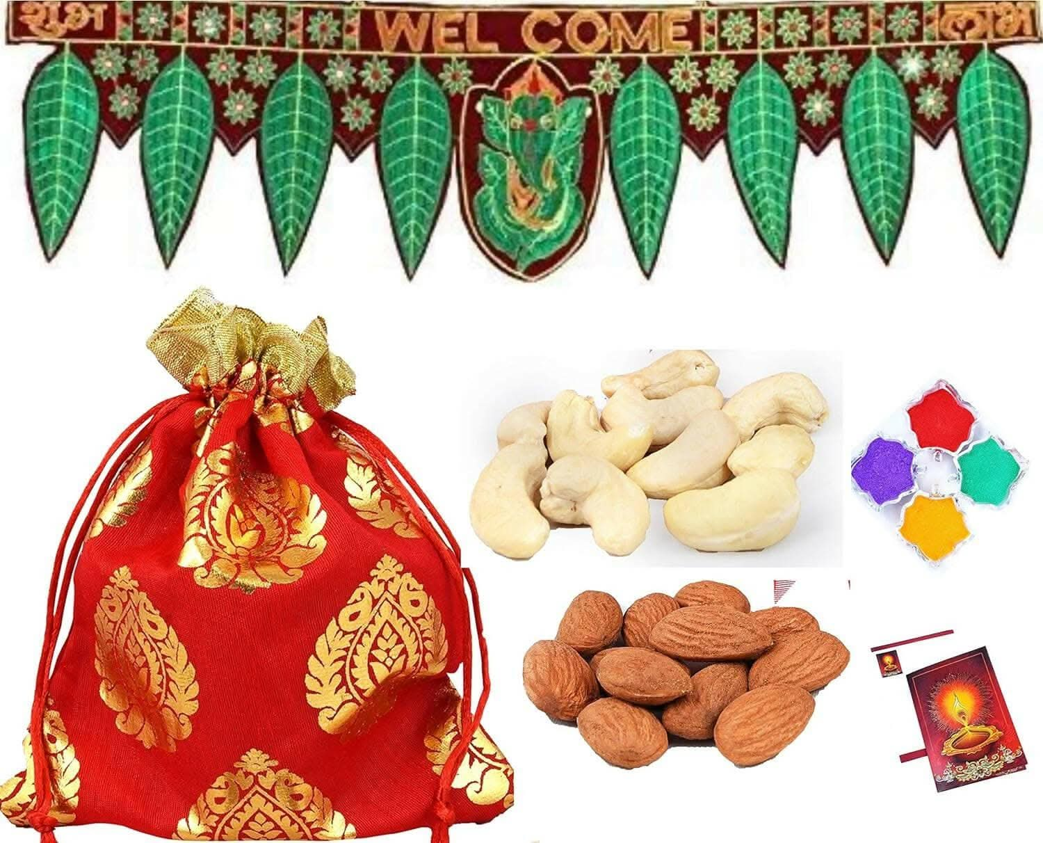 MANTOUSS Diwali Celebrations Gift Hamper/Diwali Gift Box-Designer potli with Almond and Cashew+Ganesha toran/bandherwal for Home Decor+4 Rangoli Colours+Diwali Greeting Card - HalfPe