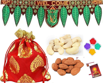 MANTOUSS Diwali Celebrations Gift Hamper/Diwali Gift Box-Designer potli with Almond and Cashew+Ganesha toran/bandherwal for Home Decor+4 Rangoli Colours+Diwali Greeting Card - HalfPe