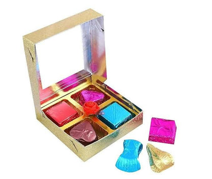 Mantouss Cute Diwali Chocolate Hamper+ 2 Glass Candles Filled with Gel, Greeting Card and Rangoli Colours - HalfPe