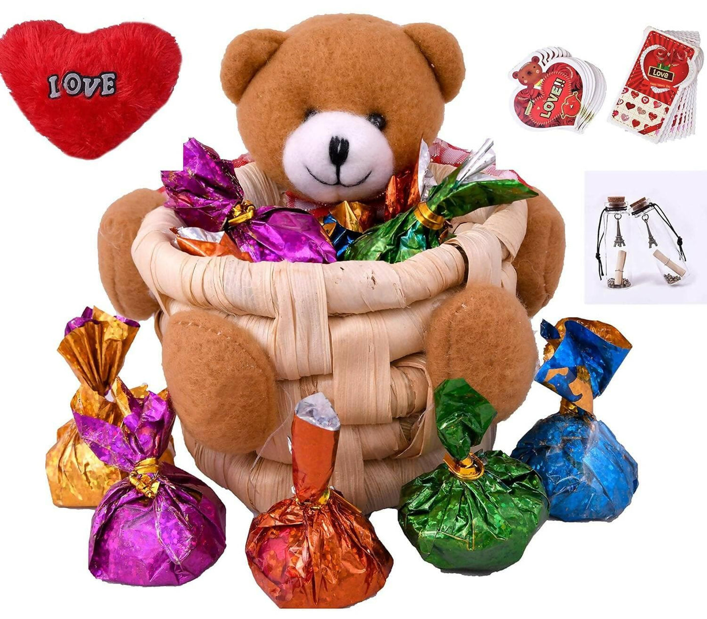 MANTOUSS Special Valentine Day Gift-Soft Teddy Bear Basket Filled with Chocolates+Fur Love Heart+Love Message Bottle+Valentines Day Greeting Card - HalfPe