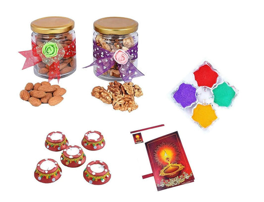 MANTOUSS Diwali Dry Fruit Decorative Glass Jar-Almond and Walnut(100gms Each),200 GMS + 2 Matki Wax Filled Diya, Diwali Greeting Card and Rangoli Colours - HalfPe