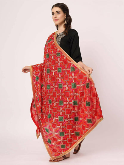 Embroidery Phulkari Red Multicolour Dupatta - HalfPe