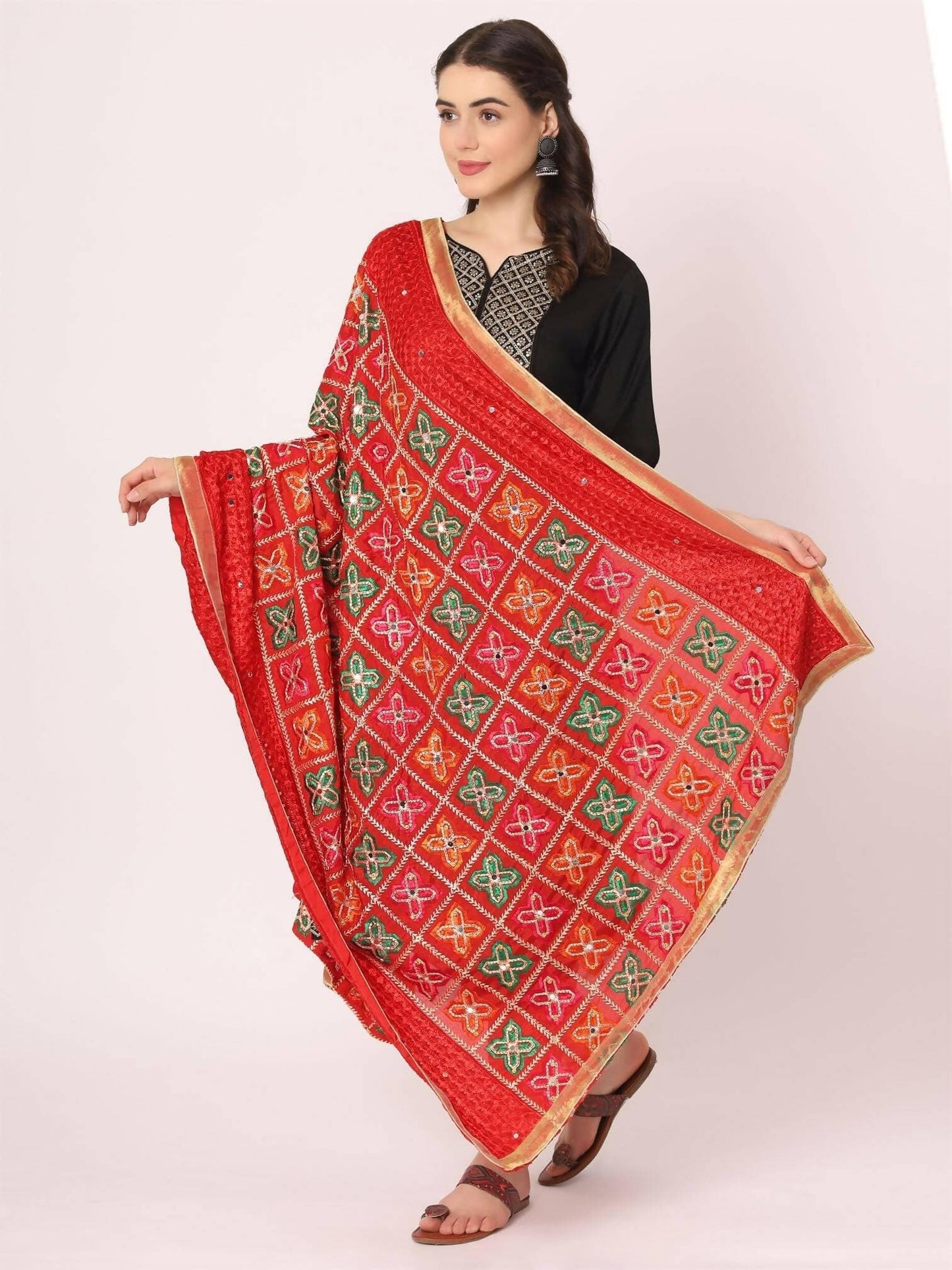 Red Embroidery Phulkari Dupatta With Mirror Work - HalfPe