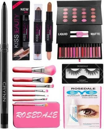 Crynn HD12 Kajal, Rosedale Brush Set, Kiss Beauty Concealer, False Lashes, 16 Matte Lipsticks (27-Piece Set) - HalfPe