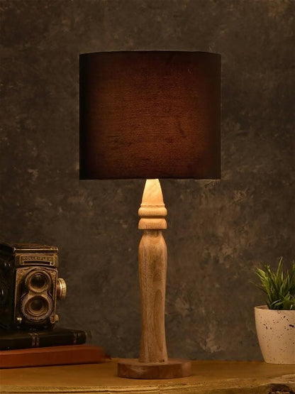 Green Girgit Round Brown Lamp With Black Cotton Shade - HalfPe