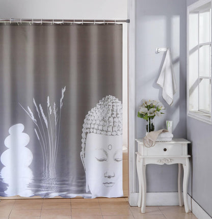 Lushomes shower curtain, Grey Buddha Printed Printed, Polyester waterproof 6x6.5 ft with hooks, non-PVC, Non-Plastic, For Washroom, Balcony for Rain, 12 eyelet & 12 Hooks (6 ft W x 6.5 Ft H) - HalfPe