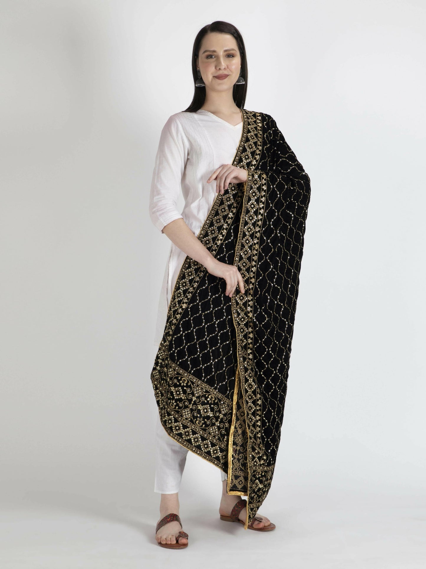 Black Embroidered Shawl Dupatta For Women - HalfPe