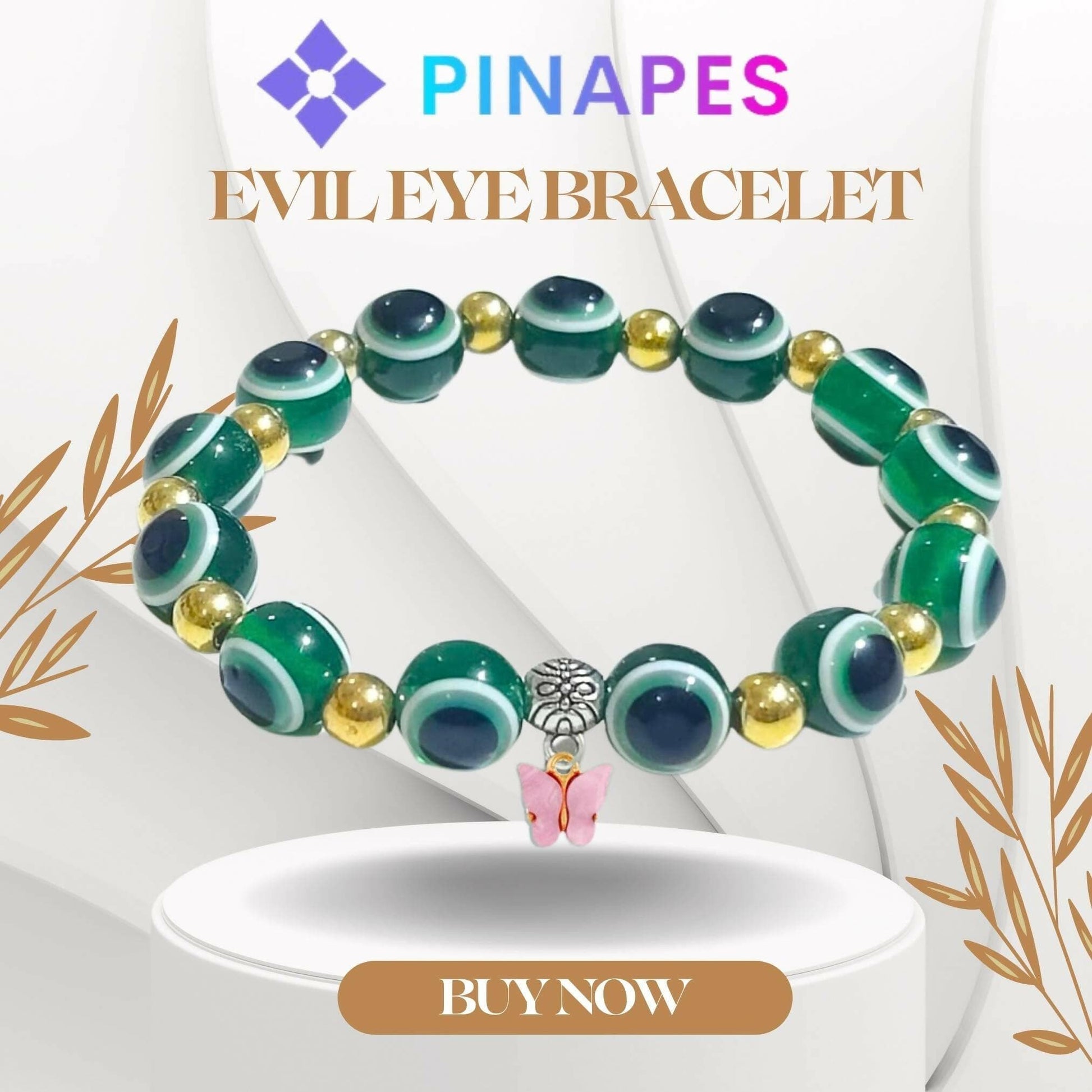 Pinapes Butterfly Beads and Evil Eye Charm Bracelet A Must-Have for Fashionable and Superstitious Women( dark green) - HalfPe