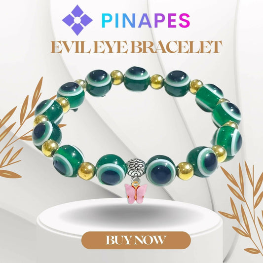 Pinapes Butterfly Beads and Evil Eye Charm Bracelet A Must-Have for Fashionable and Superstitious Women( dark green) - HalfPe