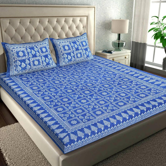 Jaipuri Traditional Leaf Print Blue Double Bedsheet with 2 Pillow Covers - HalfPe