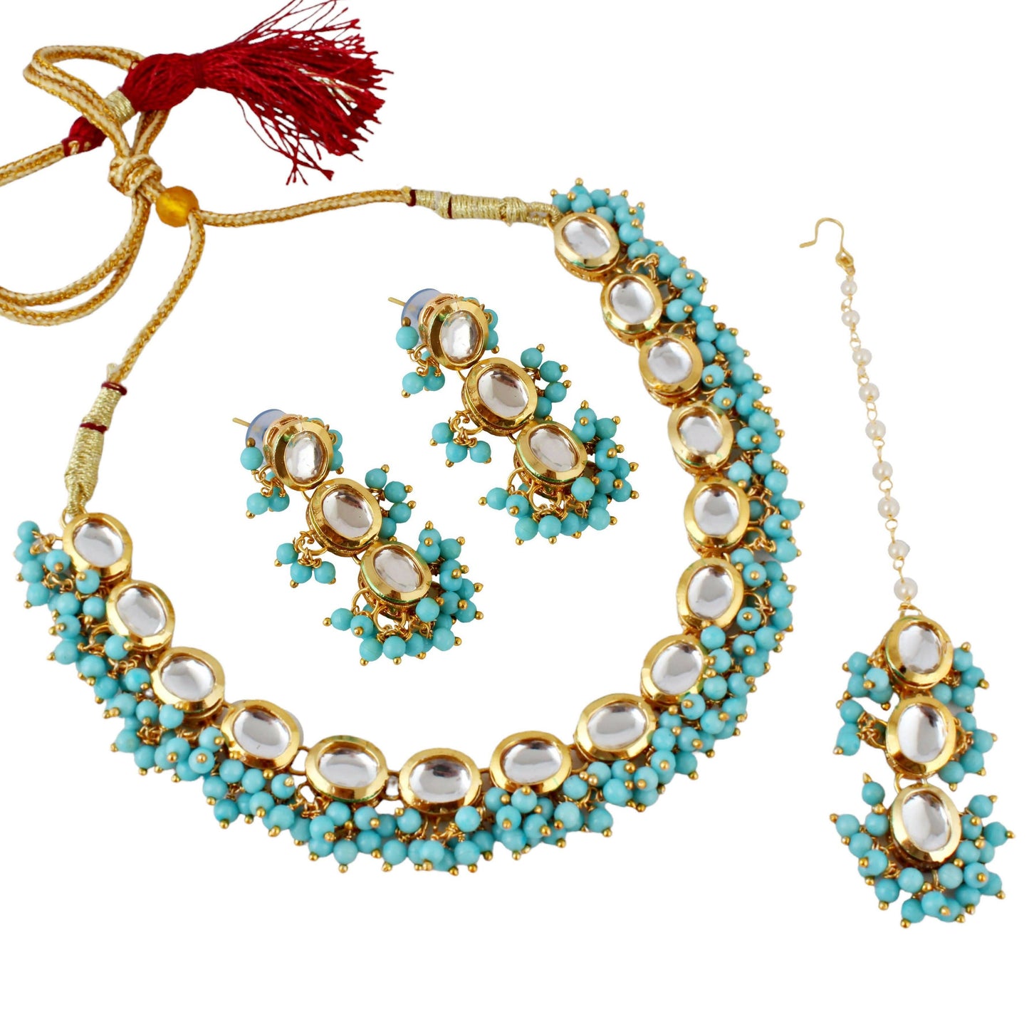 LUCKY JEWELLERY Back Meenakari 18k Gold Plated Firozi Color Tika Earring Combo Uncut Big Faux Kundan Choker Necklace set (796-J5SK-1811-F) - HalfPe