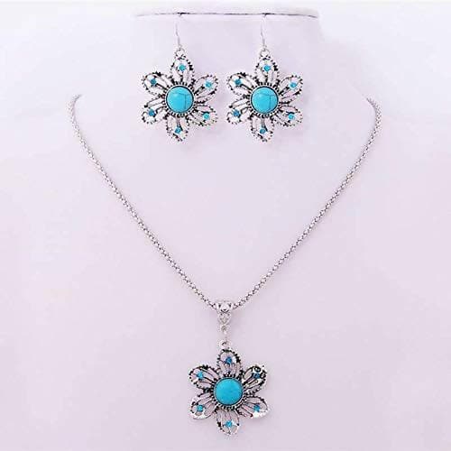 SENECIO Turquoise Collection Silver Plated Floral Necklace with Earrings - HalfPe