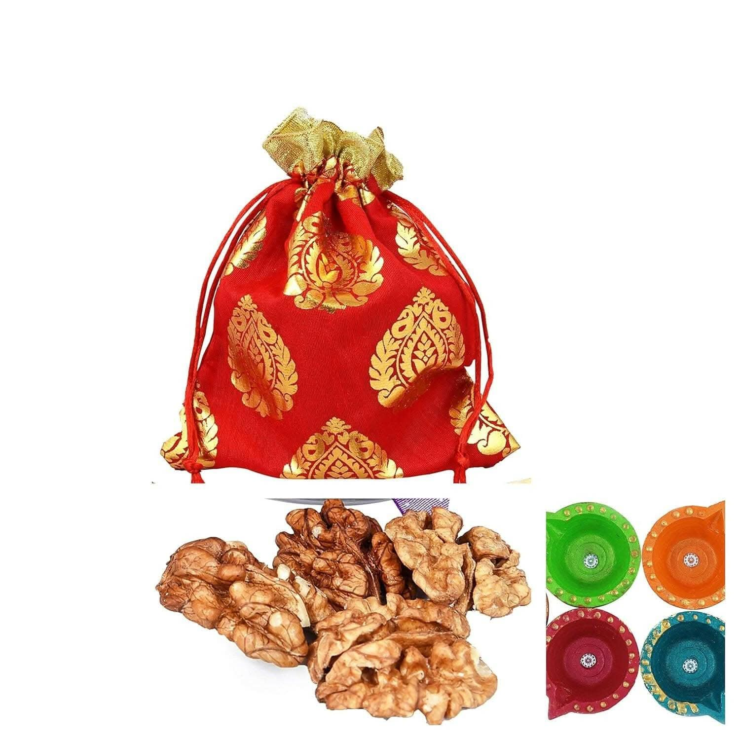 MANTOUSS Diwali Dry Fruit Red Designer Potli-Walnut+ 2 Cute diyas - HalfPe