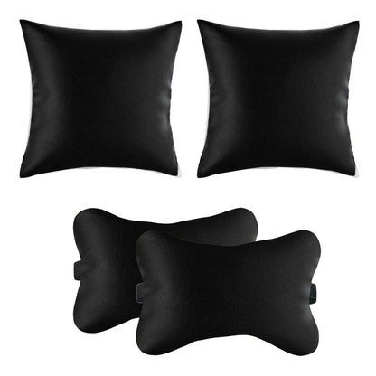 Lushomes Car Pillows for Neck, Back and Seat Rest, Pack of 4, Black PU Faux Leather, Car Bed for Back Seat, Car Accessories (2 Bone Pillow Size: 6x10 Inch + 2 Car Cushions Size 12x12 Inch, Pk of 4) - HalfPe