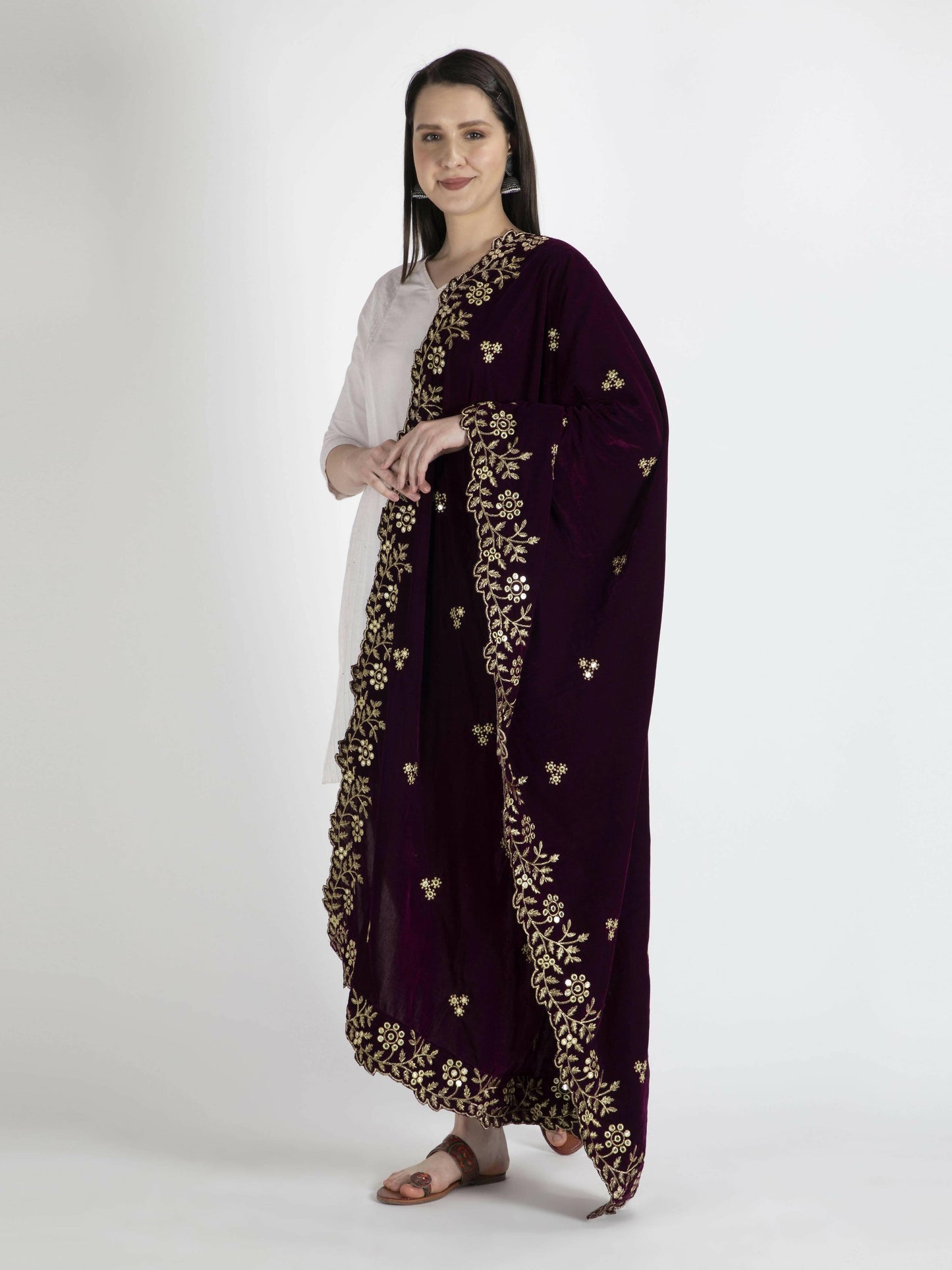 Brown Embroidered Velvet Shawl Dupatta For Women - HalfPe